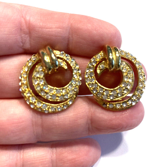 Dressy Vintage Clip On Earrings Gold & Clear White Rhinestone Swirls Chic 90's - Picture 2 of 6